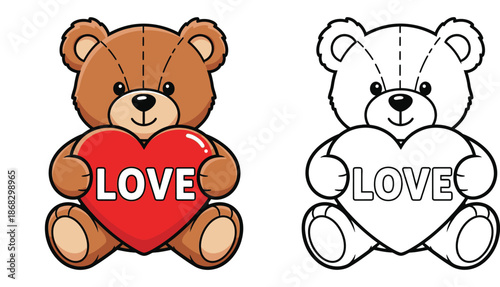 Cute cartoon teddy bear holding a red heart with Love text, coloring book page for kids with colored example and black and white outline, vector illustration isolated on white background.