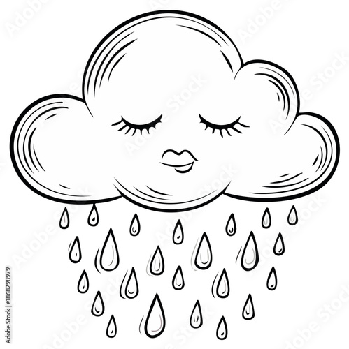 Cute cartoon cloud with closed eyes and raining drops in line art style