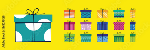 Colorful flat design gift boxes with various patterns and ribbons set isolated on yellow background top view bright festive celebration vector illustration