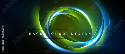 Abstract design features glowing circular layers. Blue, green hues dominate dark background. Text reads background design. Modern, vibrant aesthetic.