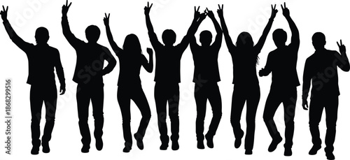 People cheering silhouettes collection, happy crowd celebrating success together, joyful teamwork victory concept vector illustration isolated black white background