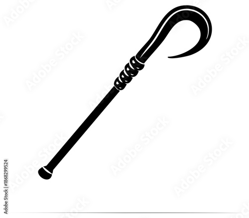 Black walking stick illustration with hook handle and spherical bottom for mobility assistance tool