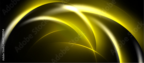 Abstract design features golden curves, bright light against dark background. Smooth shapes create dynamic visual effect.