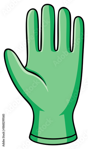 Green protective rubber glove cartoon vector illustration for cleaning, safety, and hygiene concepts