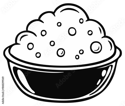 Bold Black and White Cartoon Icon of a Fluffy Bowl of Porridge or Cereal