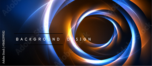 Abstract swirls, vibrant colors, dynamic composition. Concentric circles create glowing effect, dark background enhances luminosity. Modern design element.