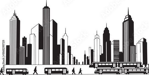 City Skyline with Skyscrapers and Public Transportation