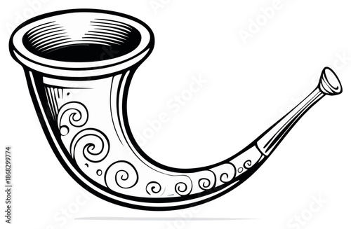 Illustration of a stylized decorative hunting horn in black and white.