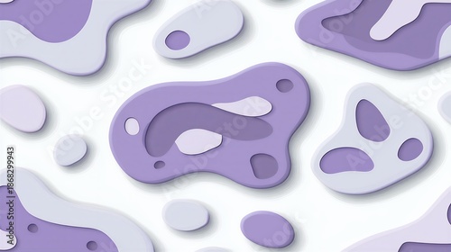 Playful purple and lavender abstract background with organic amoeba shapes and layered paper-cut effect on a clean white backdrop.