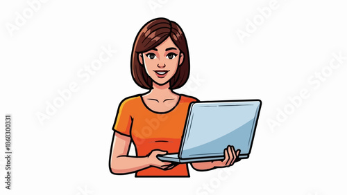 Cartoon woman in orange shirt holds a light blue laptop
