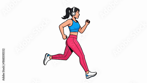 Cartoon woman in headphones and athletic wear running