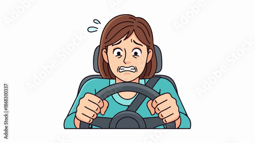 Cartoon woman driver gripped by fear behind the steering wheel, sweat droplets