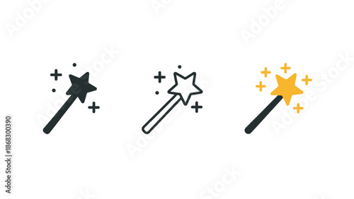 A set of magic wands with stars and sparkles on a white background