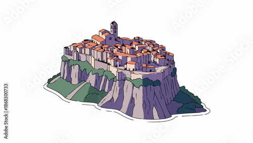 Clustered buildings with a church spire atop a rocky cliff overlooking water