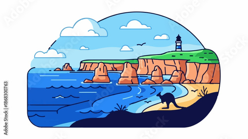 Coastal cliffs and ocean view with a lighthouse, rocks, and a kangaroo on the shore