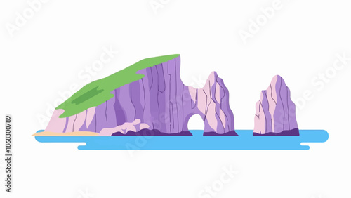 Coastal cliffs with a natural archway rise from blue water beside a sandy shore