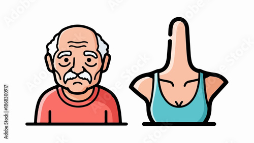 Cartoon of an elderly man and a woman's shoulders and neck