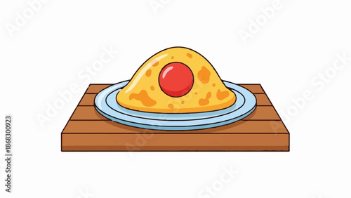 Cartoon omelet on a plate, presented on a wooden surface
