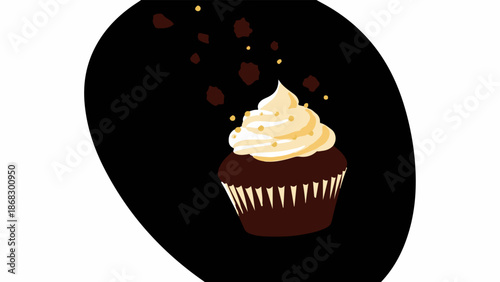 Chocolate cupcake with swirled frosting and falling crumbs, against a dark background