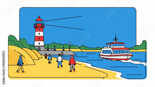 Coastal scene with a lighthouse, people strolling on a sandy beach, and a boat sailing on blue water