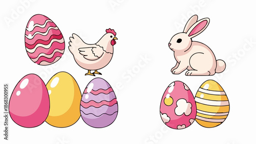 Cheerful cartoon chicken and rabbit with colorful decorated eggs, celebrating spring