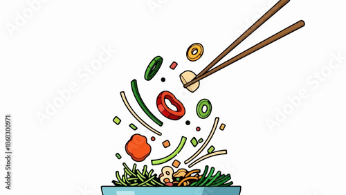 Chopsticks toss colorful vegetables and noodles into a blue bowl