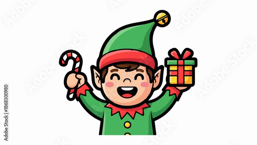 Cheerful cartoon elf in green suit holding candy cane and gift box