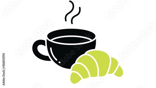 A simple illustration of a steaming cup of coffee with a croissant