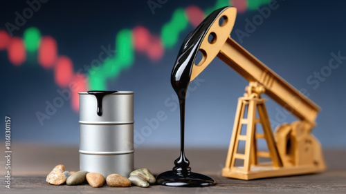 Pumpjack with oil drum and stones in front of a financial chart background