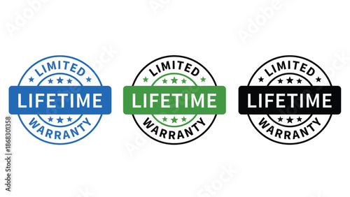 Three colorful lifetime warranty stamps on a white background
