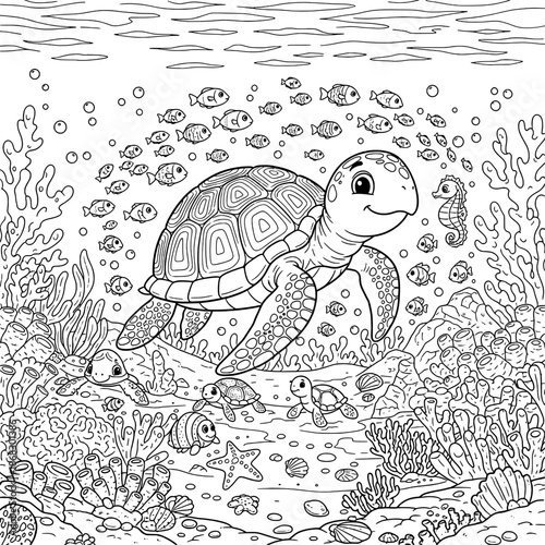 Sea Turtle Swimming with Tropical Fish Coloring Page
