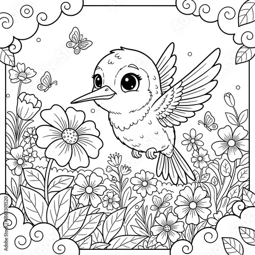 Little Bird Flying in Spring Flower Garden Coloring Page