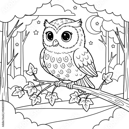 Wise Owl Perched on Branch with Full Moon Coloring Page