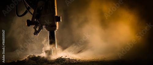 Heavy industrial drill breaking ground in dusty golden light