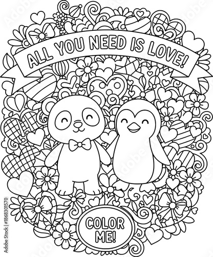 Cute Panda and Penguin Couple Valentine Coloring Page