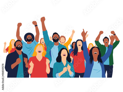 Diverse group celebrates with raised arms and joyful expressions. Vibrant colors and dynamic energy capture a moment of collective excitement. Ideal for marketing and social media.
