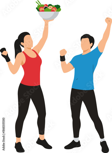 A dynamic duo celebrates fitness goals with a healthy meal! Vibrant colors and joyful expressions showcase a healthy lifestyle. Perfect for health & wellness campaigns.