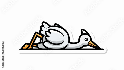 Cartoon stork lying down, drawn in a simple, clean style with black outlines