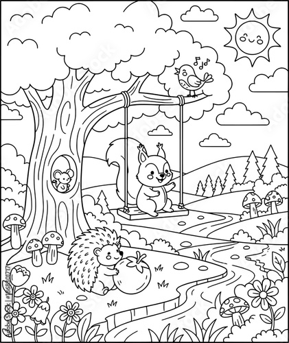 Squirrel on Swing and Happy Forest Animals Coloring Page