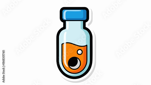 Cartoon style illustration of a science vial with orange liquid and bubbles