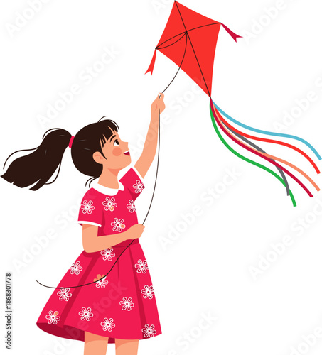 A joyful girl flies a colorful kite outdoors. Vibrant colors and a happy expression create a festive celebration image. Perfect for joyful events and childhood themes.
