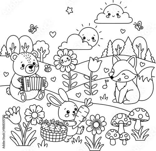 Cute Bear Playing Accordion with Forest Friends Coloring Page