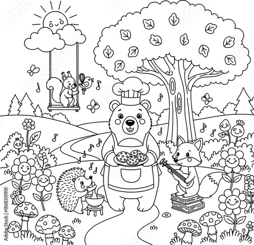 Bear Chef Cooking with Forest Animal Friends Coloring Page