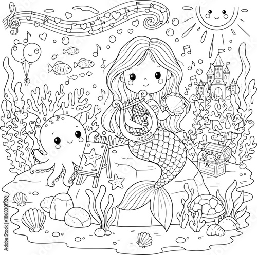 Beautiful Mermaid with Harp and Treasure Chest Coloring Page