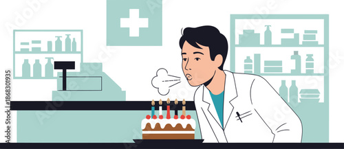 A pharmacist celebrates his birthday at work, blowing out candles on a cake amidst pharmacy shelves. A humorous, professional illustration.