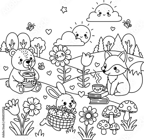 Forest Animals and Spring Flower Basket Coloring Page