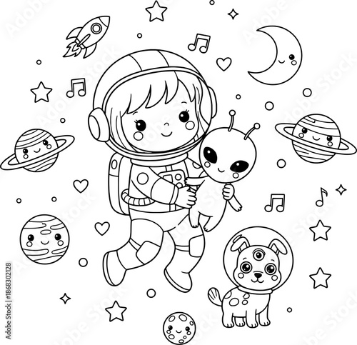 Cute Astronaut Kid and Alien in Space Coloring Page
