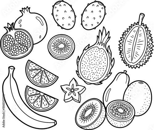 Tropical Fruits Mix and Pattern Coloring Page