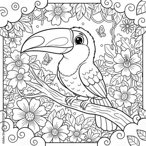 Tropical Toucan Bird with Floral Border Coloring Page