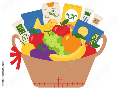 A vibrant wicker basket overflows with fresh fruits and gluten-free snacks ? a healthy celebration gift! Bright colors and appealing composition make this image ideal for commercial use.